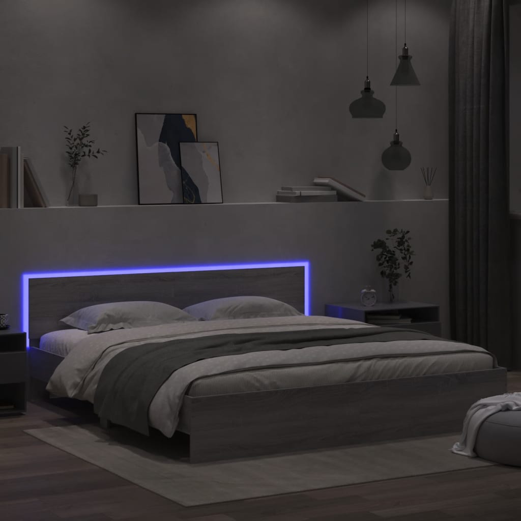 sengeramme med sengegavl og LED-lys 200x200 cm grå sonoma-eg