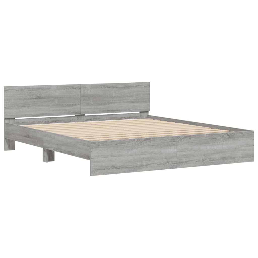 sengeramme med sengegavl og LED-lys 200x200 cm grå sonoma-eg