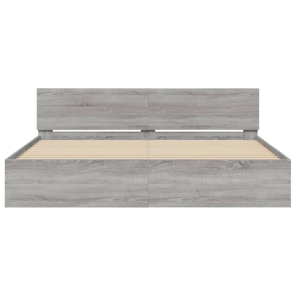 sengeramme med sengegavl og LED-lys 200x200 cm grå sonoma-eg