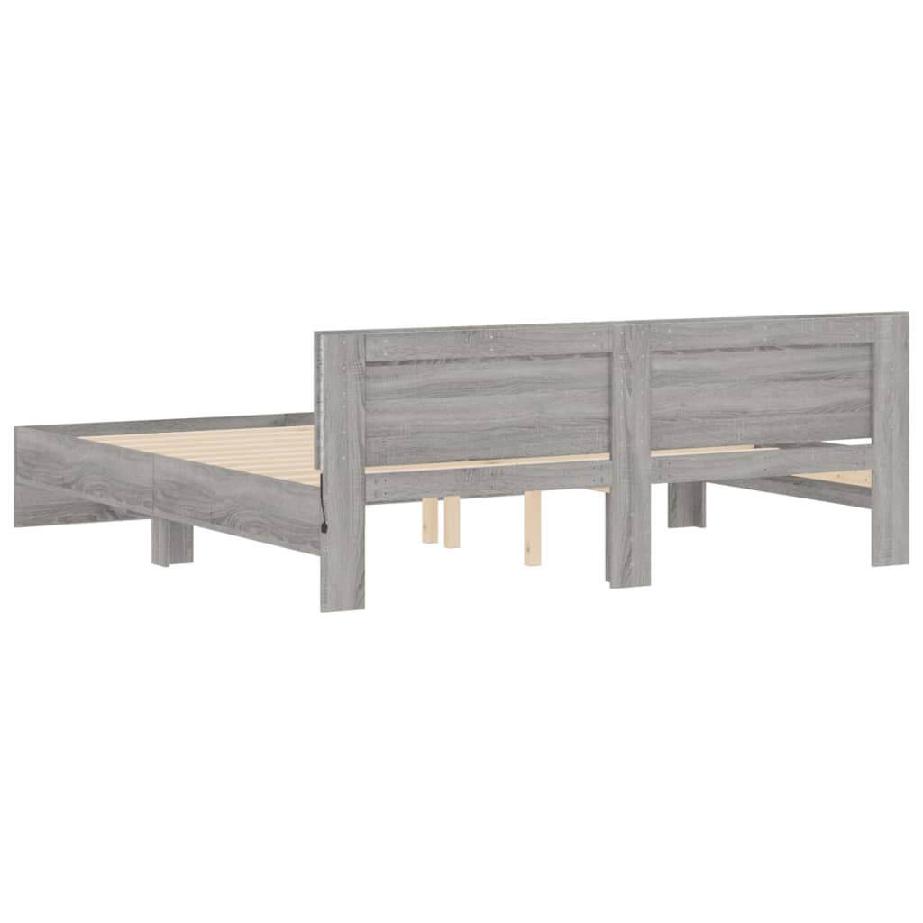 sengeramme med sengegavl og LED-lys 200x200 cm grå sonoma-eg