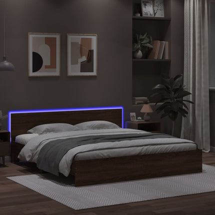 sengeramme med sengegavl og LED-lys 200x200 cm brunt egetræ