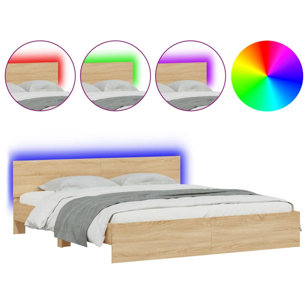 sengeramme med sengegavl og LED-lys 180x200 cm sonoma-eg