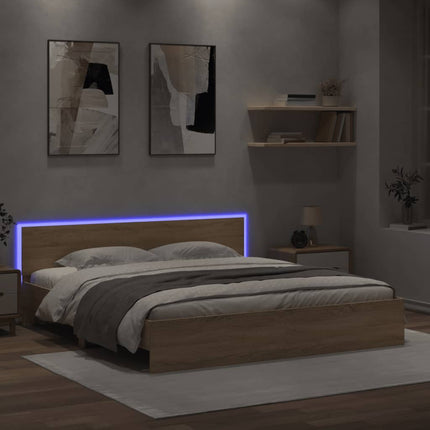 sengeramme med sengegavl og LED-lys 180x200 cm sonoma-eg