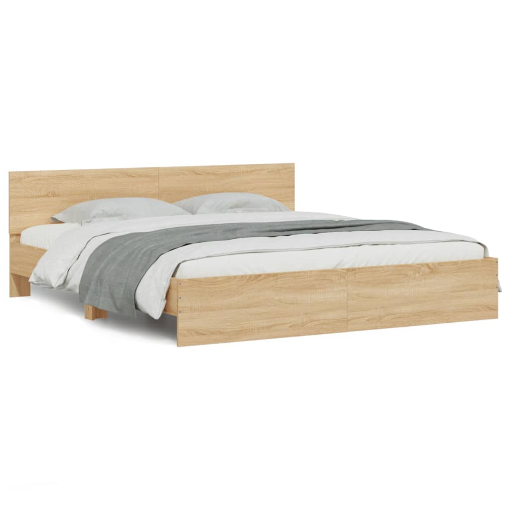 sengeramme med sengegavl og LED-lys 180x200 cm sonoma-eg