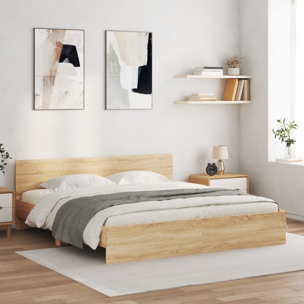 sengeramme med sengegavl og LED-lys 180x200 cm sonoma-eg