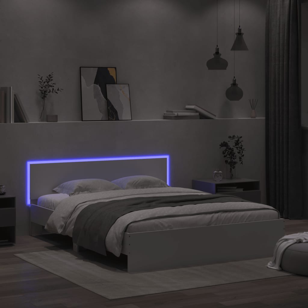 sengeramme med sengegavl og LED-lys 160x200 cm hvid