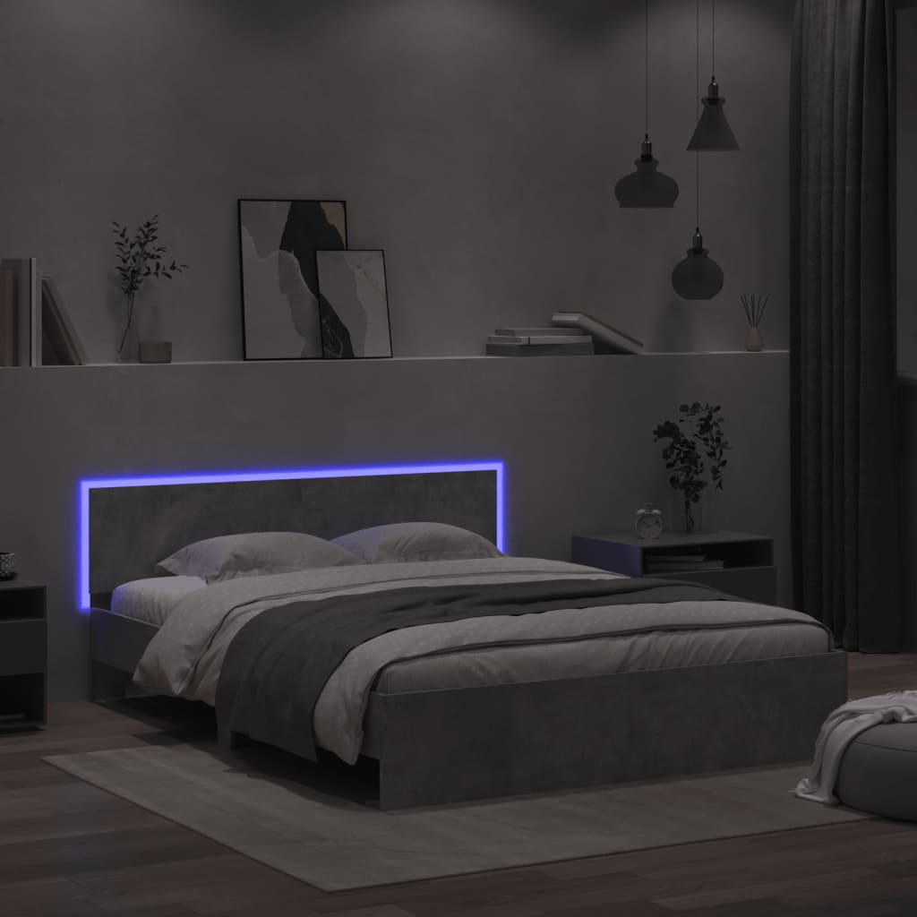 sengeramme med sengegavl og LED-lys 160x200 cm betongrå