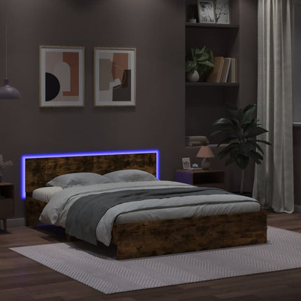 sengeramme med sengegavl og LED-lys 160x200 cm røget egetræ