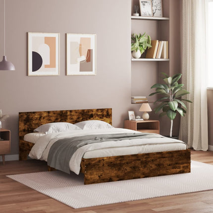 sengeramme med sengegavl og LED-lys 160x200 cm røget egetræ