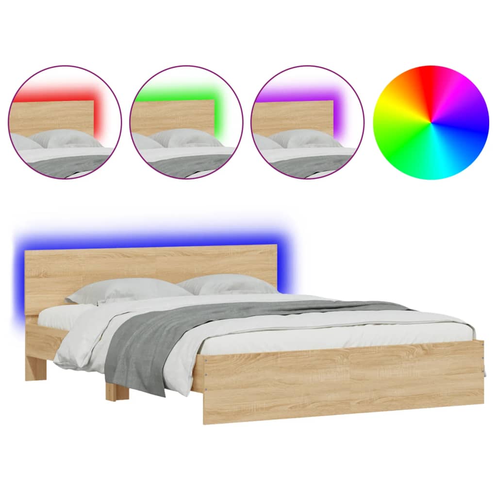 sengeramme med sengegavl og LED-lys 150x200 cm sonoma-eg