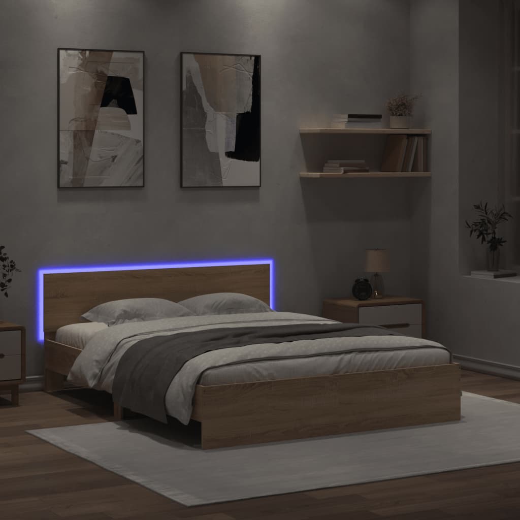 sengeramme med sengegavl og LED-lys 150x200 cm sonoma-eg