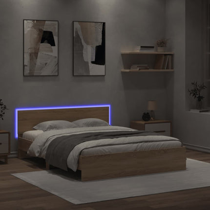 sengeramme med sengegavl og LED-lys 150x200 cm sonoma-eg