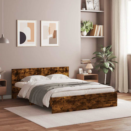 sengeramme med sengegavl og LED-lys 150x200 cm røget egetræ