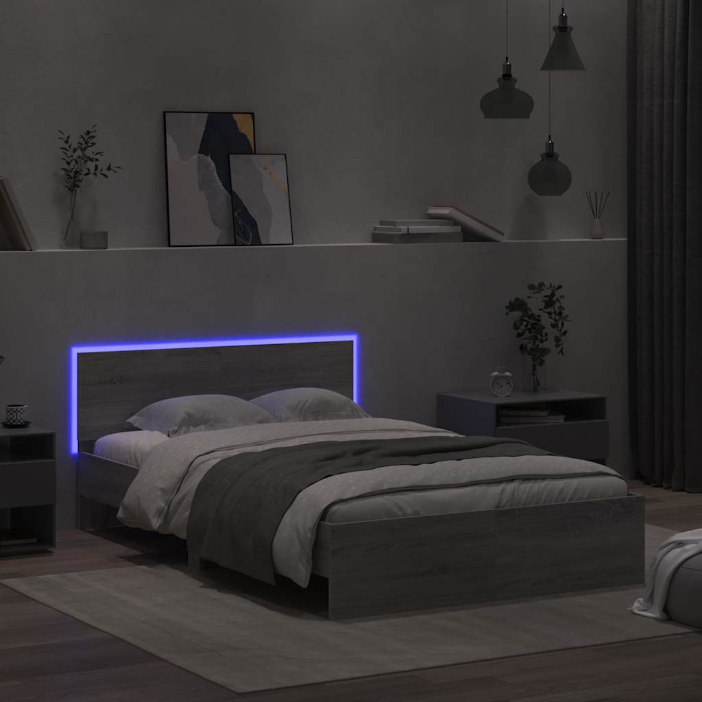 sengeramme med sengegavl og LED-lys 140x200 cm grå sonoma-eg