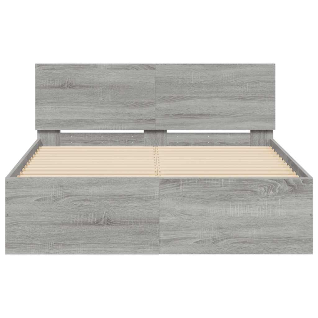 sengeramme med sengegavl og LED-lys 140x200 cm grå sonoma-eg
