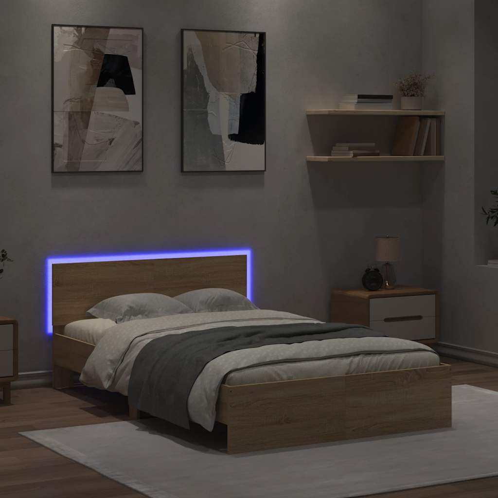 sengeramme med sengegavl og LED-lys 120x200 cm sonoma-eg