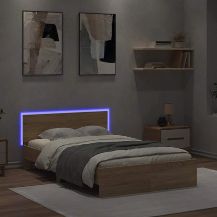 sengeramme med sengegavl og LED-lys 120x200 cm sonoma-eg