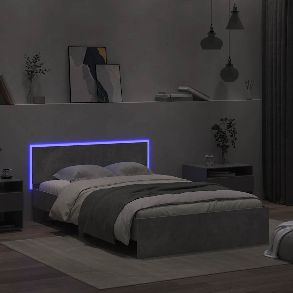 sengeramme med sengegavl og LED-lys 120x200 cm betongrå