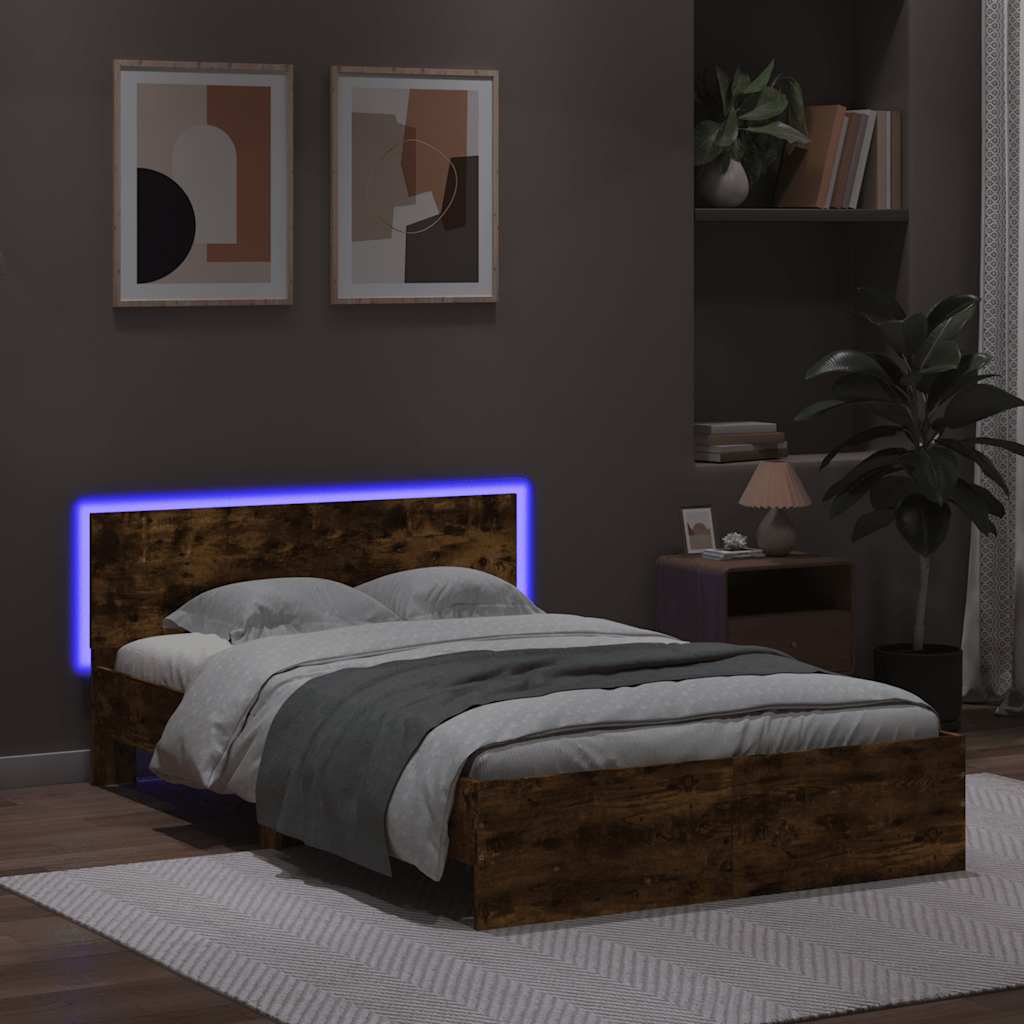 sengeramme med sengegavl og LED-lys 120x200 cm røget egetræ