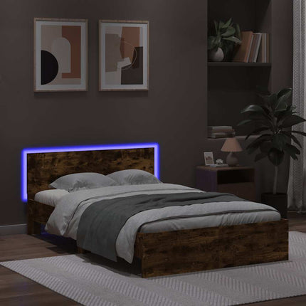 sengeramme med sengegavl og LED-lys 120x200 cm røget egetræ