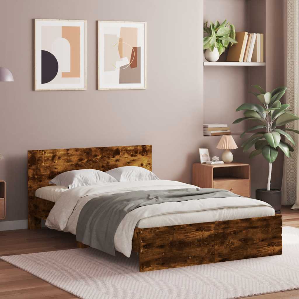 sengeramme med sengegavl og LED-lys 120x200 cm røget egetræ