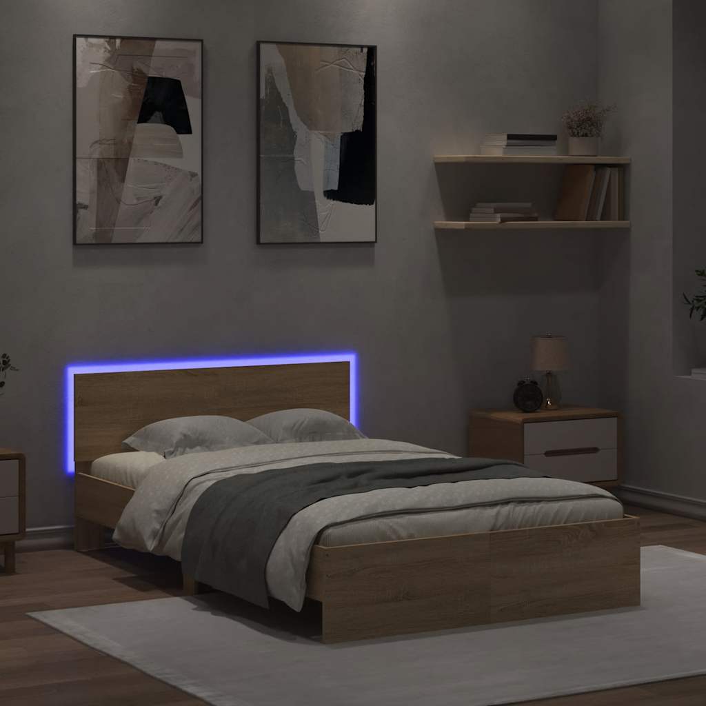 sengeramme med sengegavl og LED-lys 140x190 cm sonoma-eg