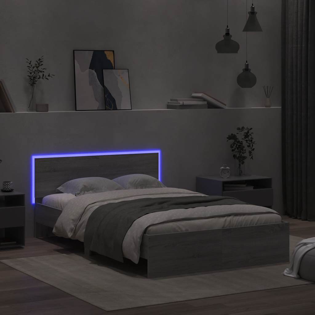 sengeramme med sengegavl og LED-lys 140x190 cm grå sonoma-eg