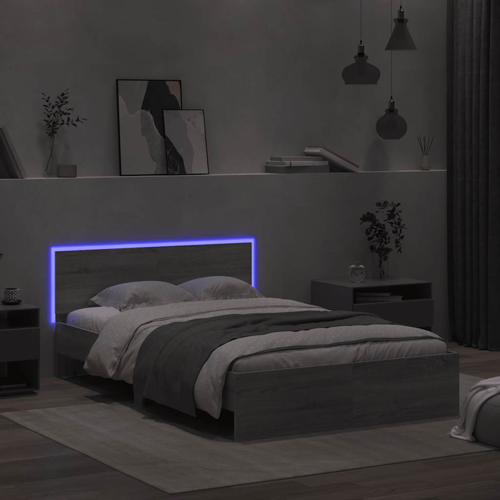 sengeramme med sengegavl og LED-lys 120x190 cm grå sonoma-eg
