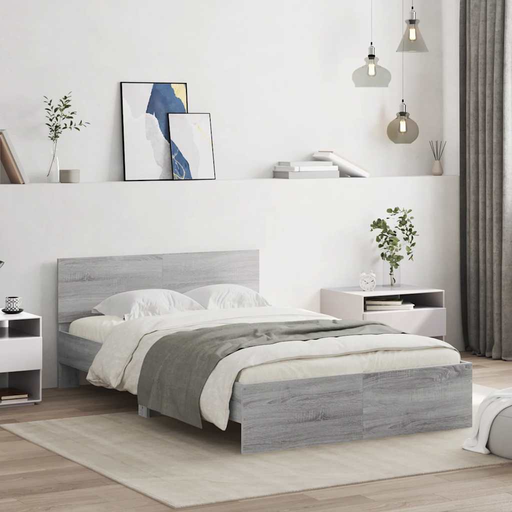 sengeramme med sengegavl og LED-lys 120x190 cm grå sonoma-eg