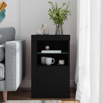 skab med LED-lys konstrueret træ sort
