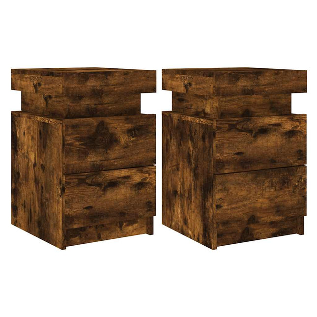sengeborde 2 stk. med LED-lys 35x39x55 cm røget egetræsfarve