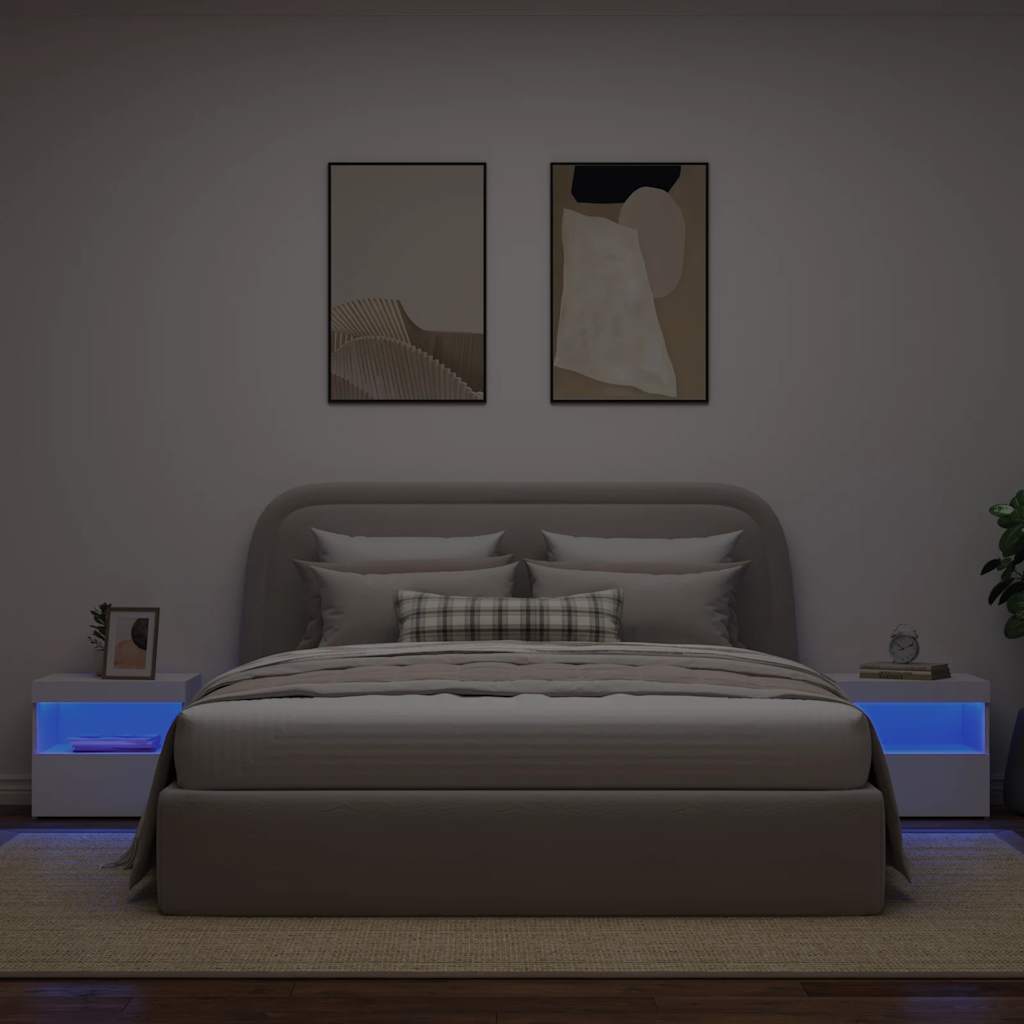 sengeborde 2 stk. med LED-lys 50x40x45 cm hvid
