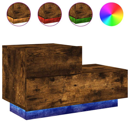 sengebord med LED-lys 70x36x40,5 cm røget egetræsfarve