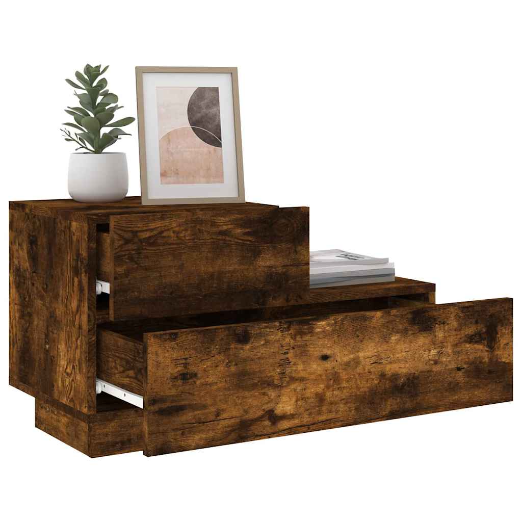 sengebord med LED-lys 70x36x40,5 cm røget egetræsfarve