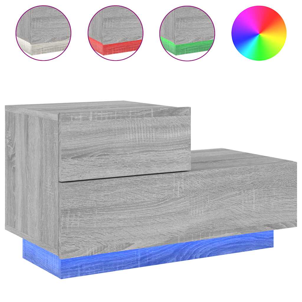 sengebord med LED-lys 70x36x40,5 cm grå sonoma-eg