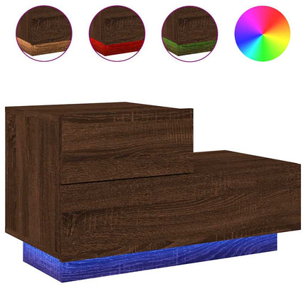 sengebord med LED-lys 70x36x40,5 cm brun egetræsfarve