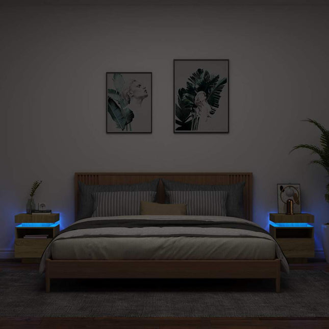 sengeborde 2 stk. med LED-lys 40x39x48,5 cm sonoma-eg
