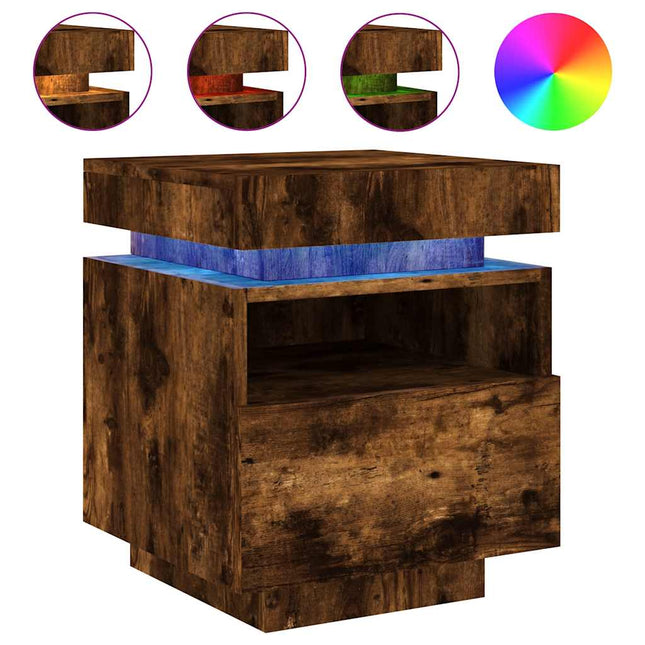 sengebord med LED-lys 40x39x48,5 cm røget egetræsfarve