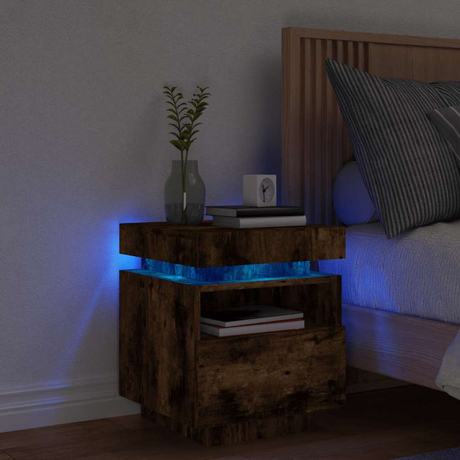 sengebord med LED-lys 40x39x48,5 cm røget egetræsfarve