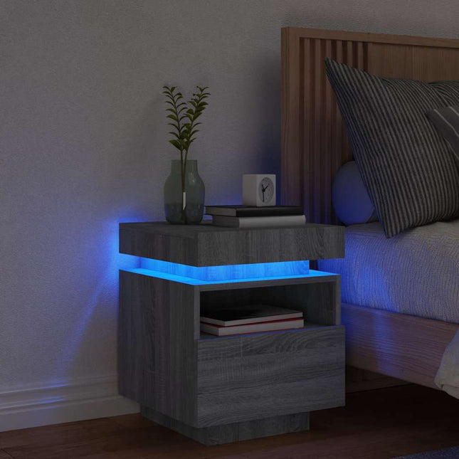 sengebord med LED-lys 40x39x48,5 cm grå sonoma-eg