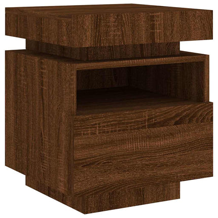 sengebord med LED-lys 40x39x48,5 cm brun egetræsfarve