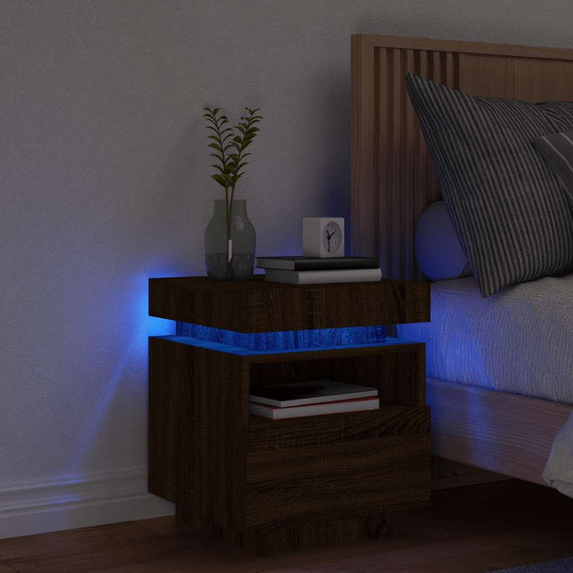 sengebord med LED-lys 40x39x48,5 cm brun egetræsfarve