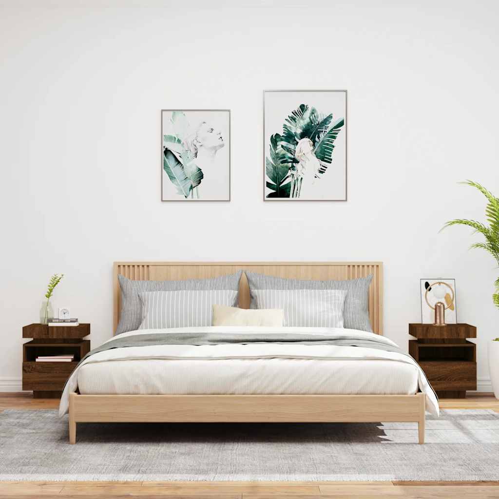 sengeborde 2 stk. med LED-lys 40x39x48,5 cm brun egetræsfarve