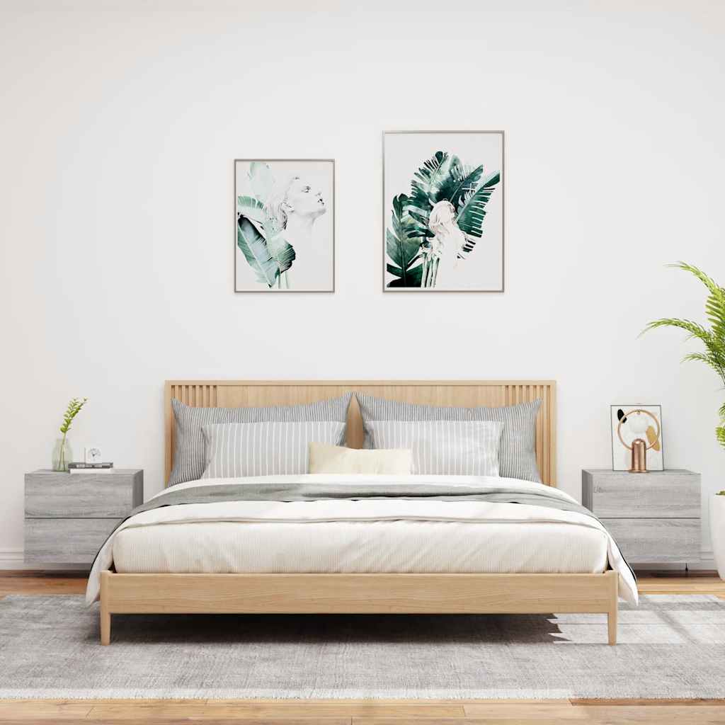 væghængte sengeborde 2 stk. med LED-lys grå sonoma-eg