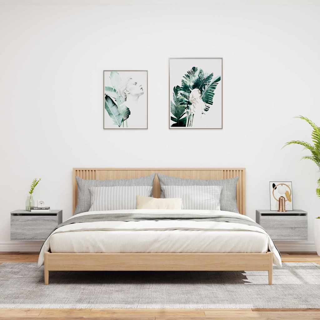 væghængte sengeborde 2 stk. med LED-lys grå sonoma-eg