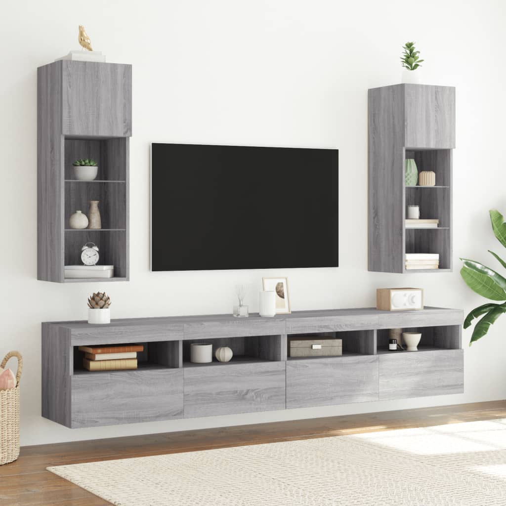 tv-borde 2 stk. med LED-lys 30,5x30x90 cm grå sonoma-eg