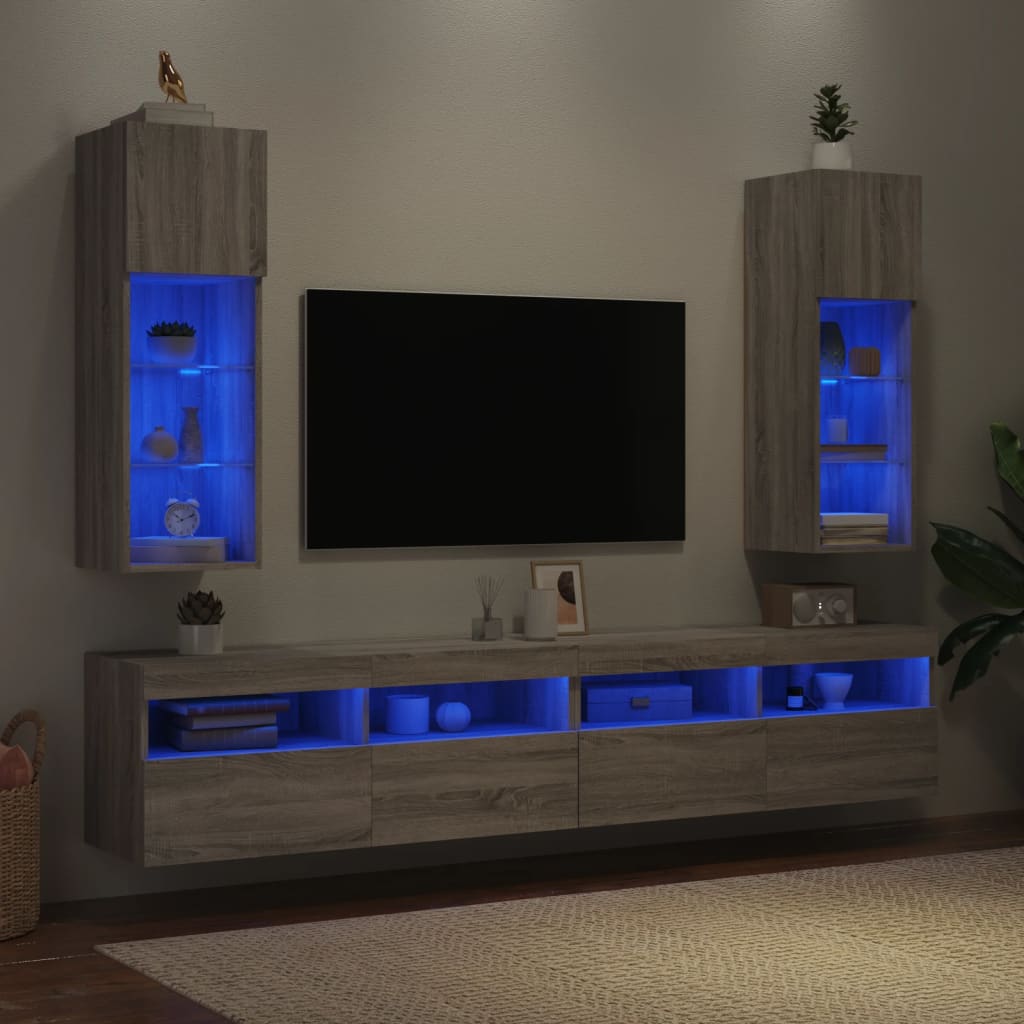 tv-borde 2 stk. med LED-lys 30,5x30x90 cm grå sonoma-eg
