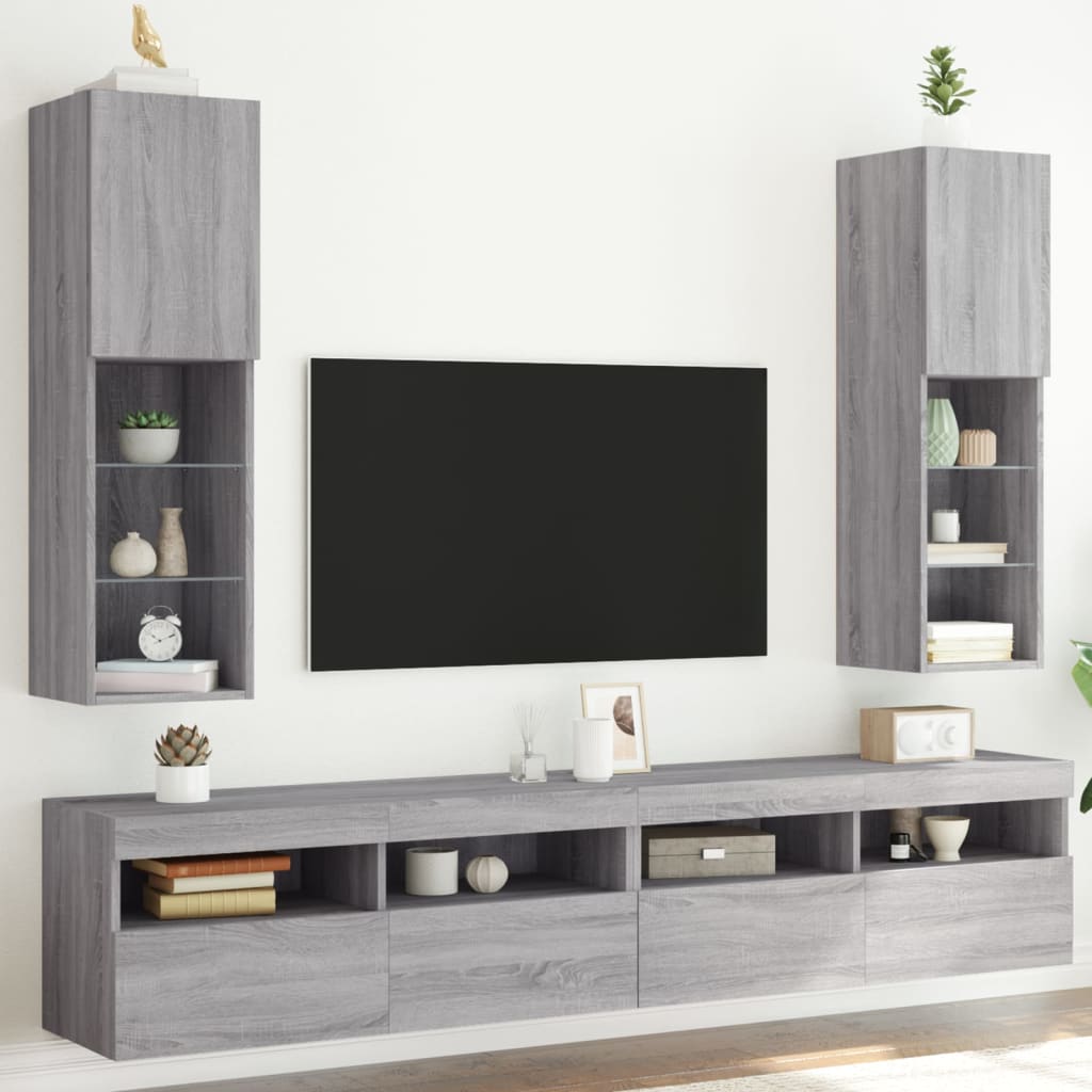 tv-borde 2 stk. med LED-lys 30,5x30x102 cm grå sonoma-eg