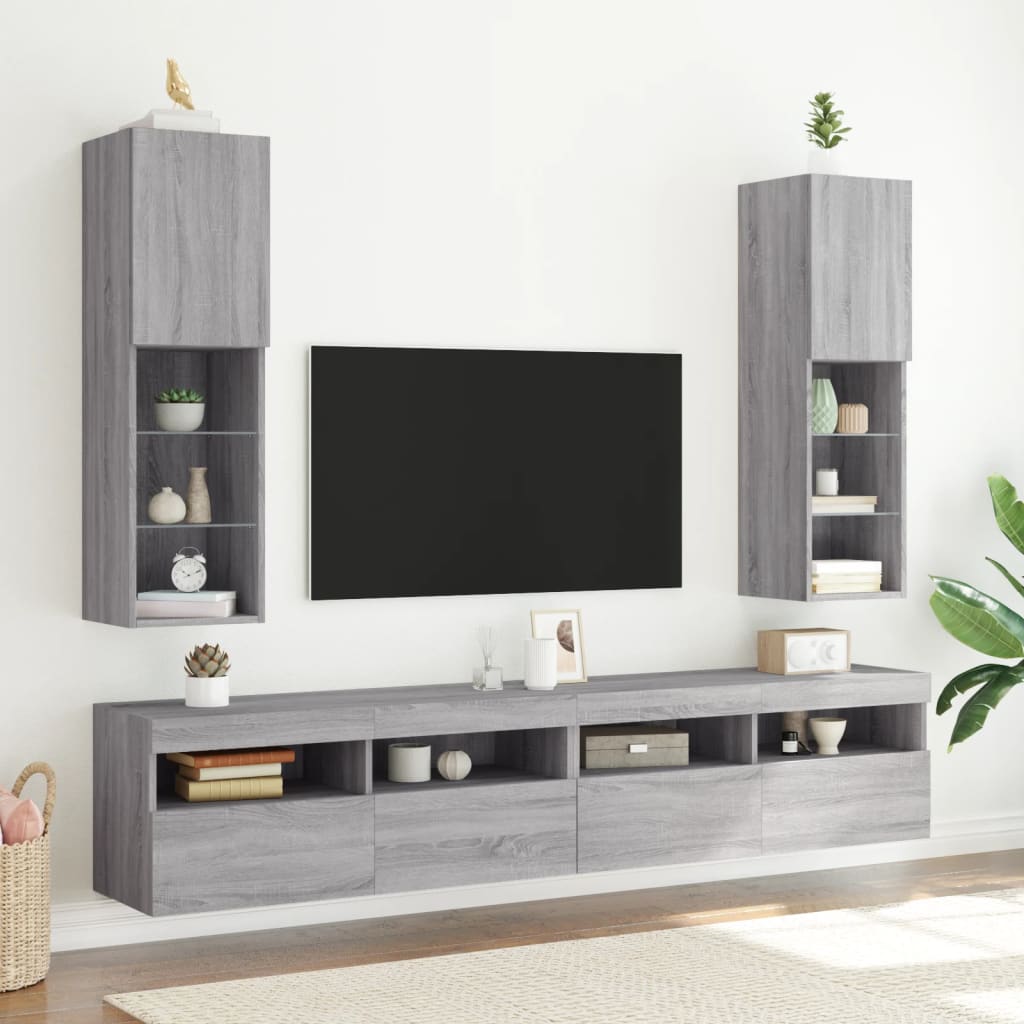 tv-borde 2 stk. med LED-lys 30,5x30x102 cm grå sonoma-eg