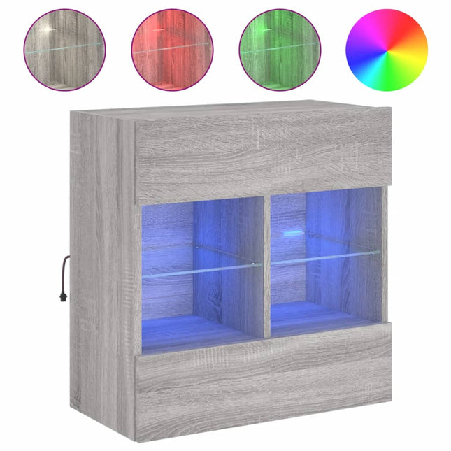 væghængt tv-bord m. LED-lys 58,5x30x60,5 cm grå sonoma-eg